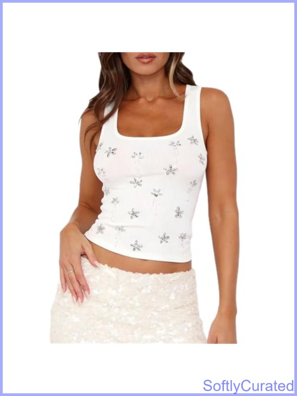 Rhinestone Floral Tank Top Y2K Ribbed Knit Sleeveless Square Neck Crop Top